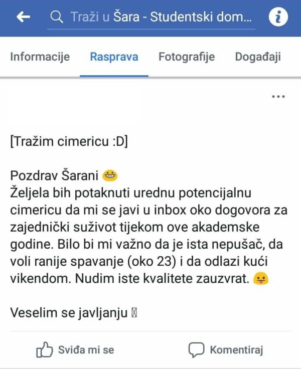 Najsmješnije objave "tražim cimera" sa domskih grupa