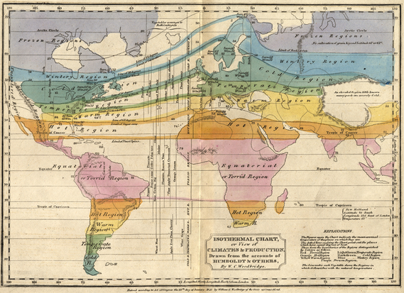 Alexander von Humboldt, karta iz 1823. pokazuje inovacije izotermnih linija, koje povezuju točke iste prosječne temperature Alexander von Humboldt, karta iz 1823. pokazuje inovacije izotermnih linija, koje povezuju točke iste prosječne temperature
