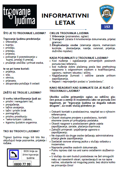 Informativni letak o trgovanju ljudima Informativni letak o trgovanju ljudima